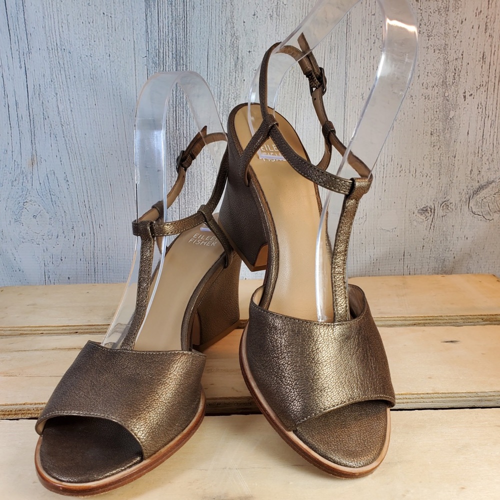 Eileen Fisher Bronze Metallic Ankle Strap Heel